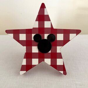 Disney Mickey Mouse Red and White Buffalo Plaid Wooden Star Decor Cottagecore